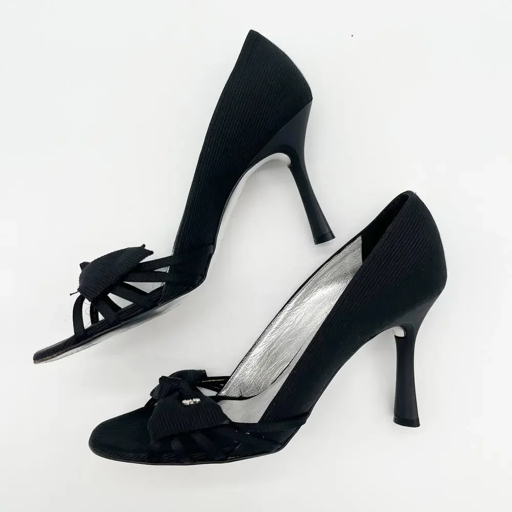 Chanel Vintage Karl Lagerfeld Y2K Grosgrain Bow Pearl CC Peep Toe Heels EU 37